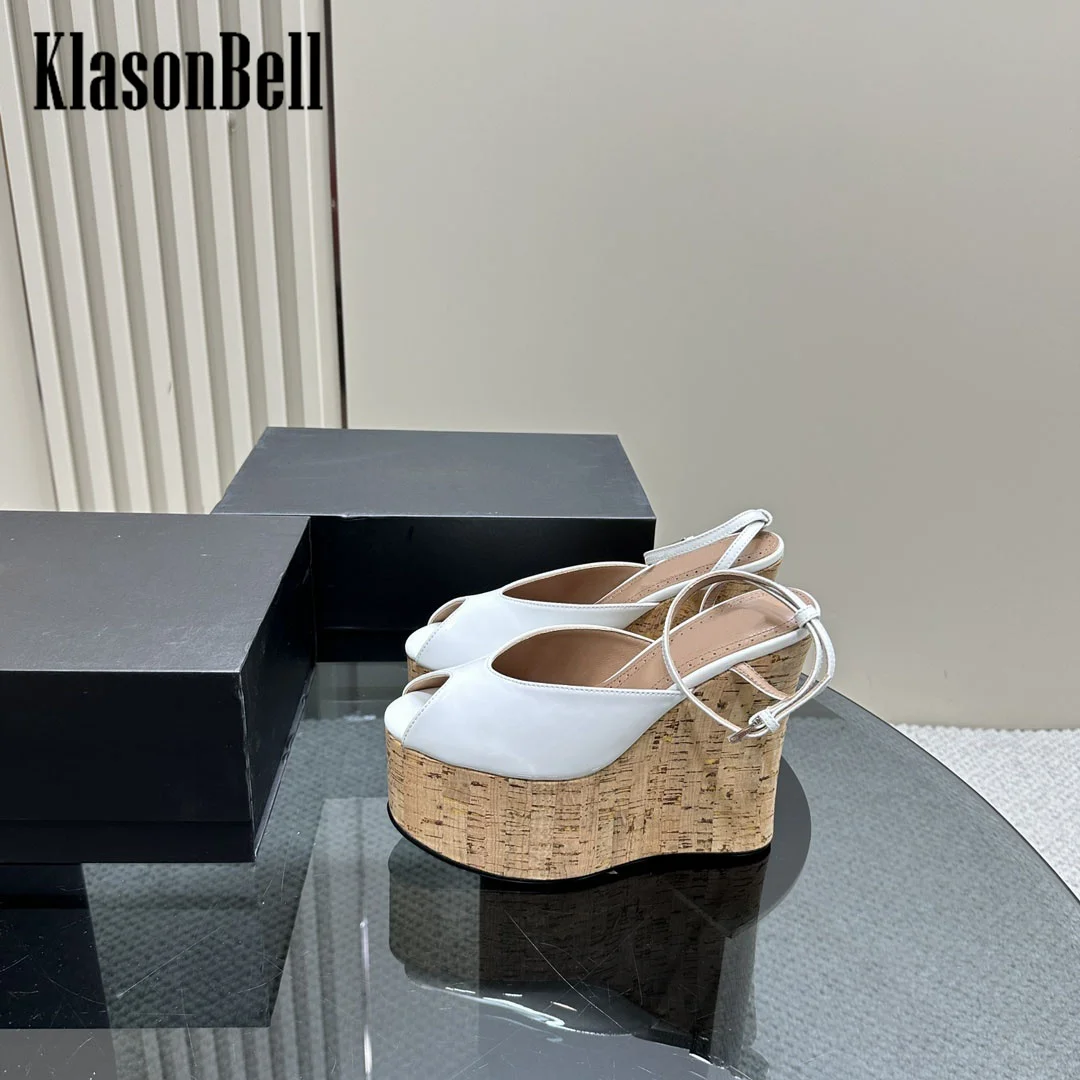 7.22 KlasonBell Europe America Fashion High Heel Women Sandals Patent Leather Sexy Peep Toe Wedges Sandals 2024 Summer New