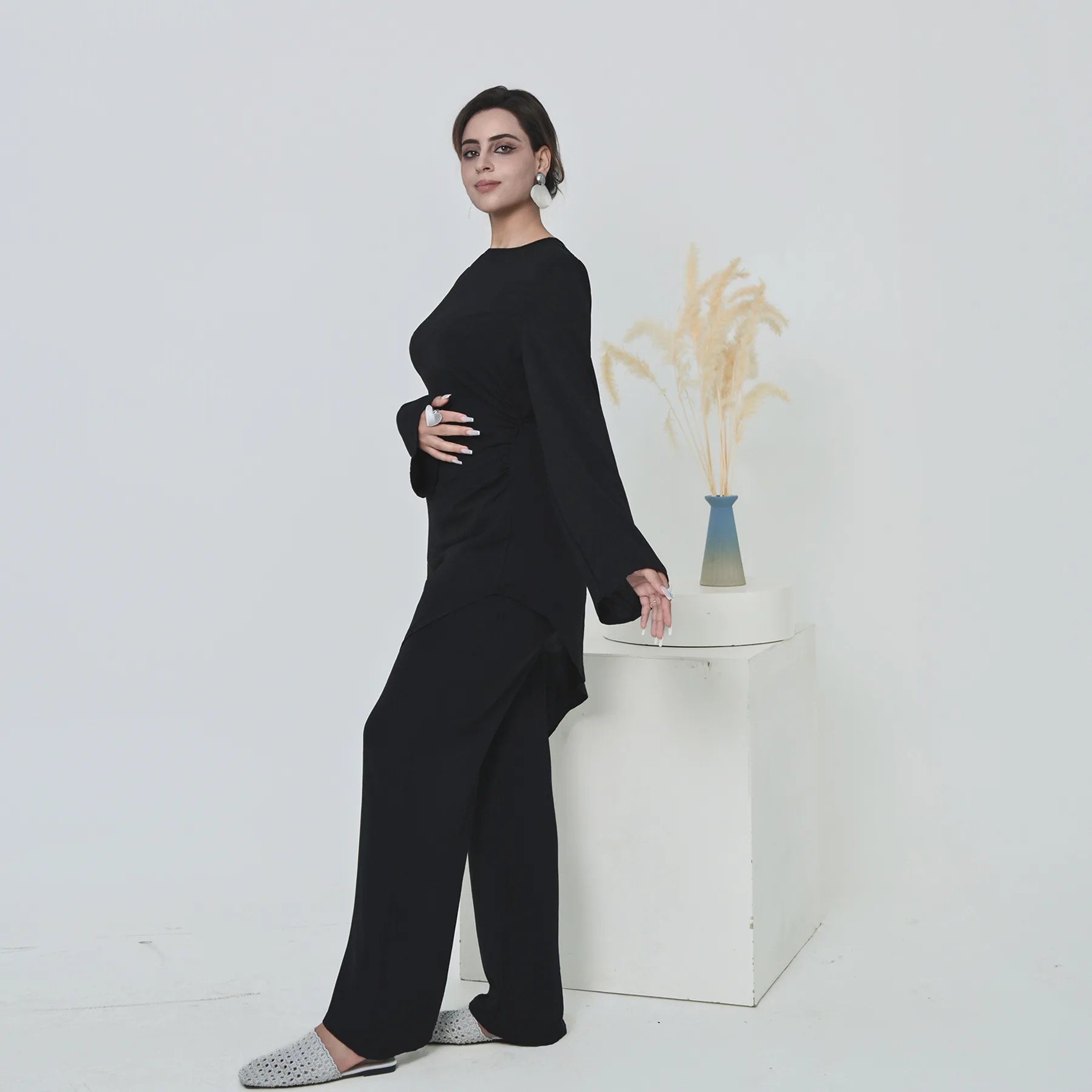 Arab Women Eid Muslim Two Pieces Set Blouse Wide Leg Pant Musulman Ensemble Shirt Ramadan Modest Islamic Clothing Turkey Suit - view 6