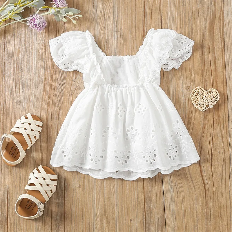 Newborn Girl Short Sleeve Dress Solid Color Hollow Out Ruffles Decor Sweet Dress Casual Simple Clothes