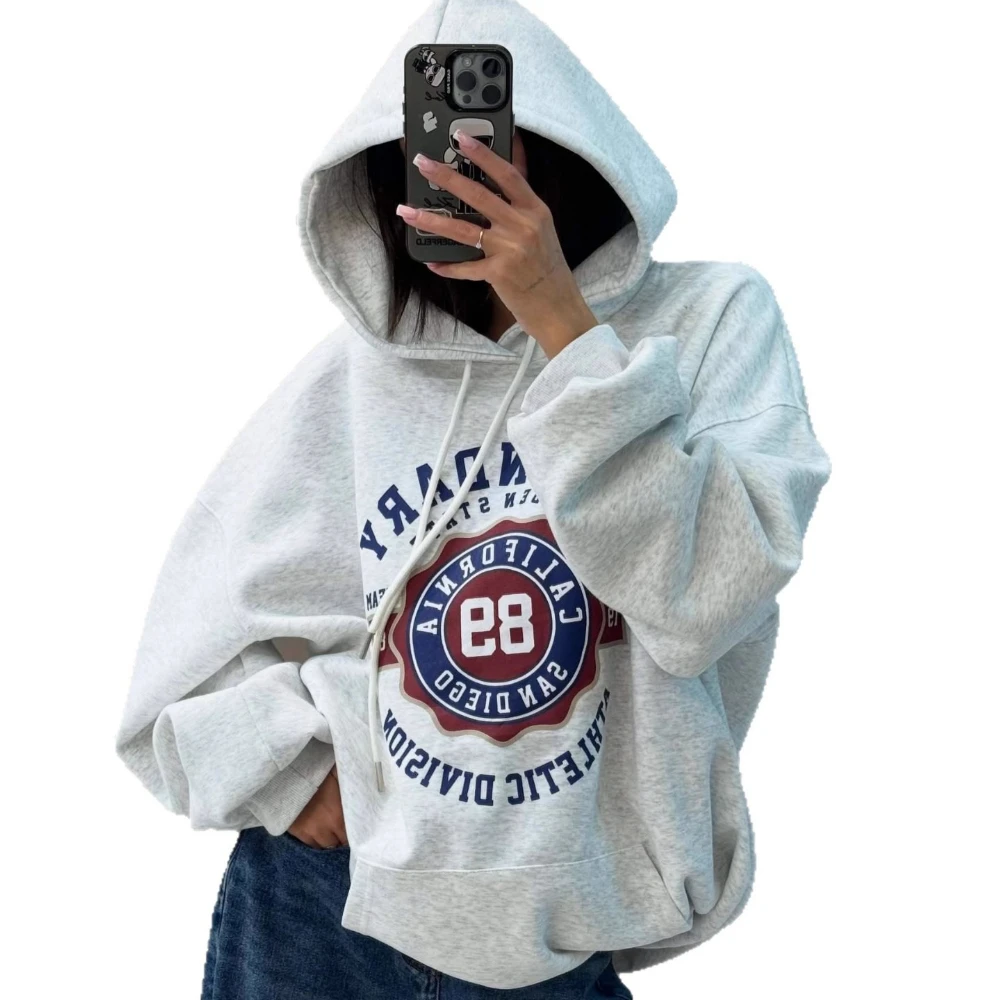Thicken Winter Fleece French Fashion Streetwear Gray White Hoodies Cute Pattern Design Unique Printed Sweatshirts Loose Leisure
