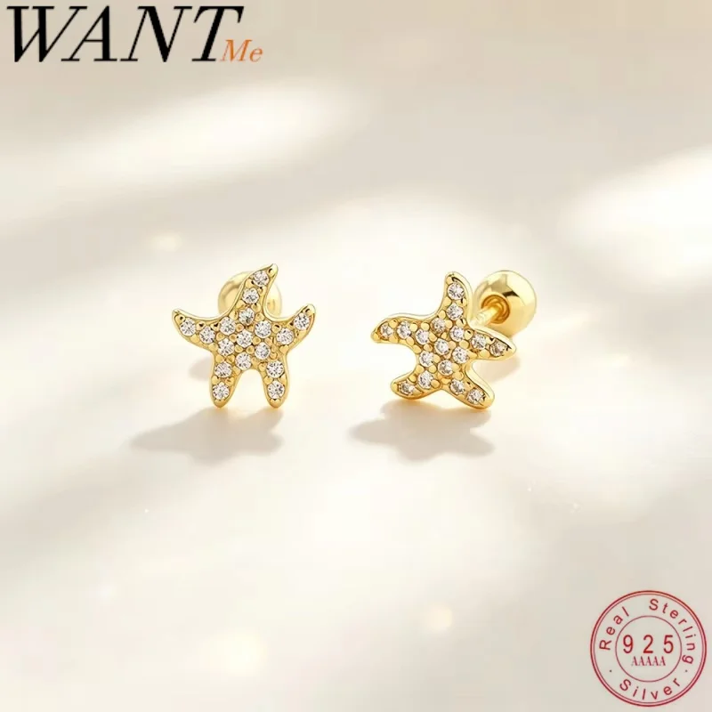 WANTME 925 Sterling Silver Trendy Summer Ocean Starfish Ear Bone Piercing Stud Earrings for Women Statement Party Screw Jewelry