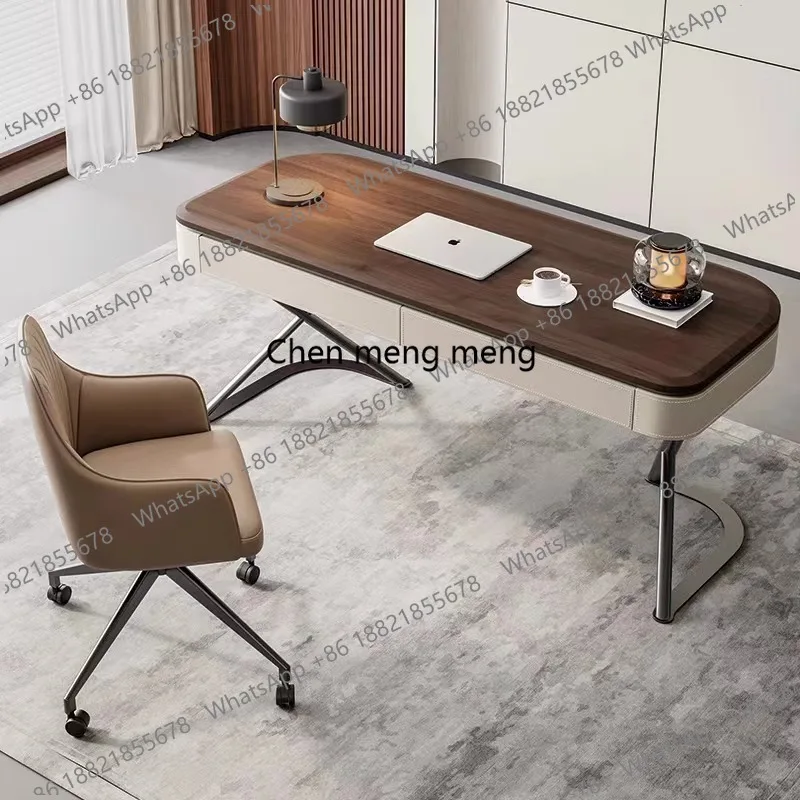 

High-end solid wood desk home modern minimalist living room desk walnut veneer saddle leather study computer desk