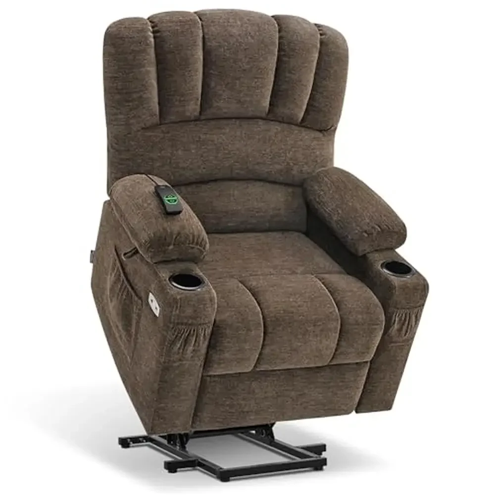 Power Lift Recliner Chair Sofa with Massage Heat Elderly USB Ports Pockets Fabric Medium-Regular Coffee Comfort Vibration Lumbar