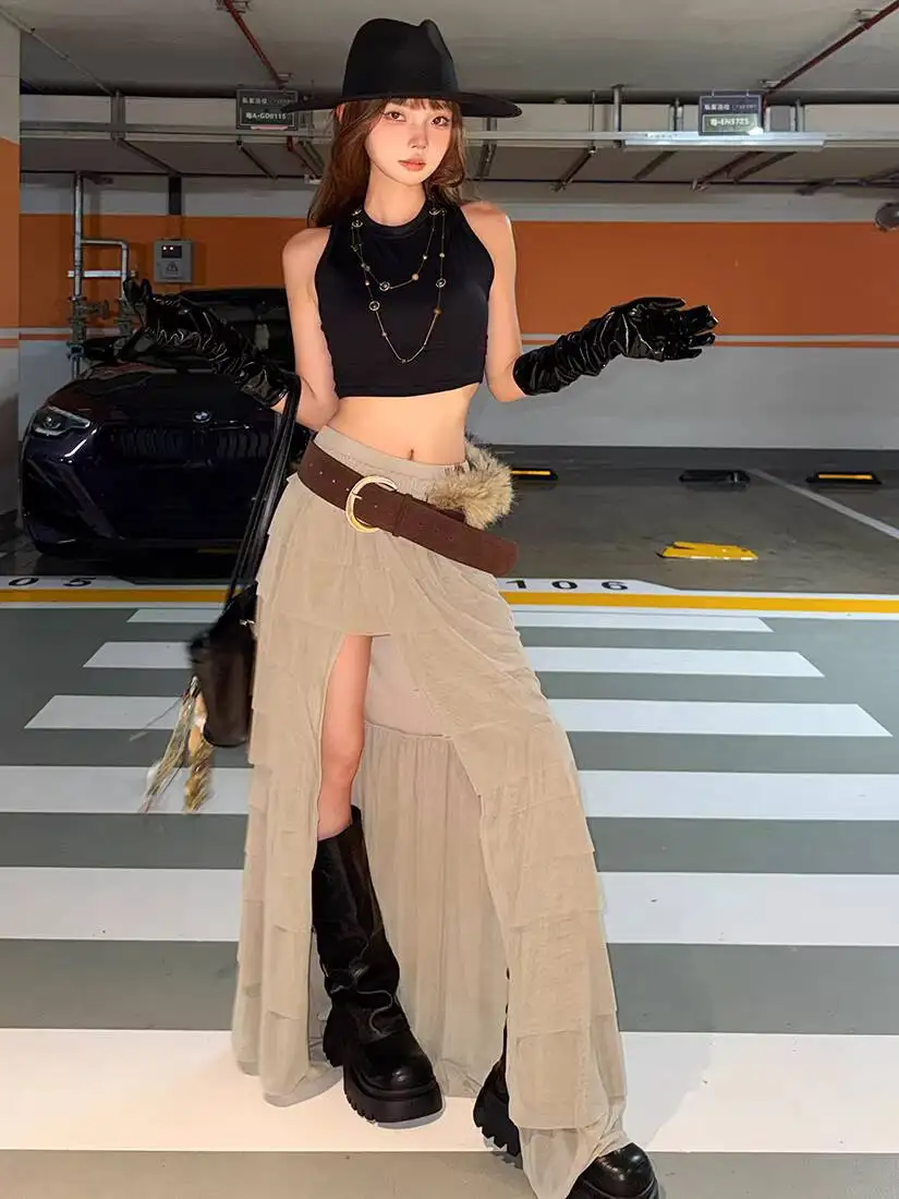 

Женская асимметричная юбка 2026 Весна-Лето, винтажная, в стиле Y2K, с оборками, многослойная, с высокой талией, с разрезом по низу, повседневная модная юбка