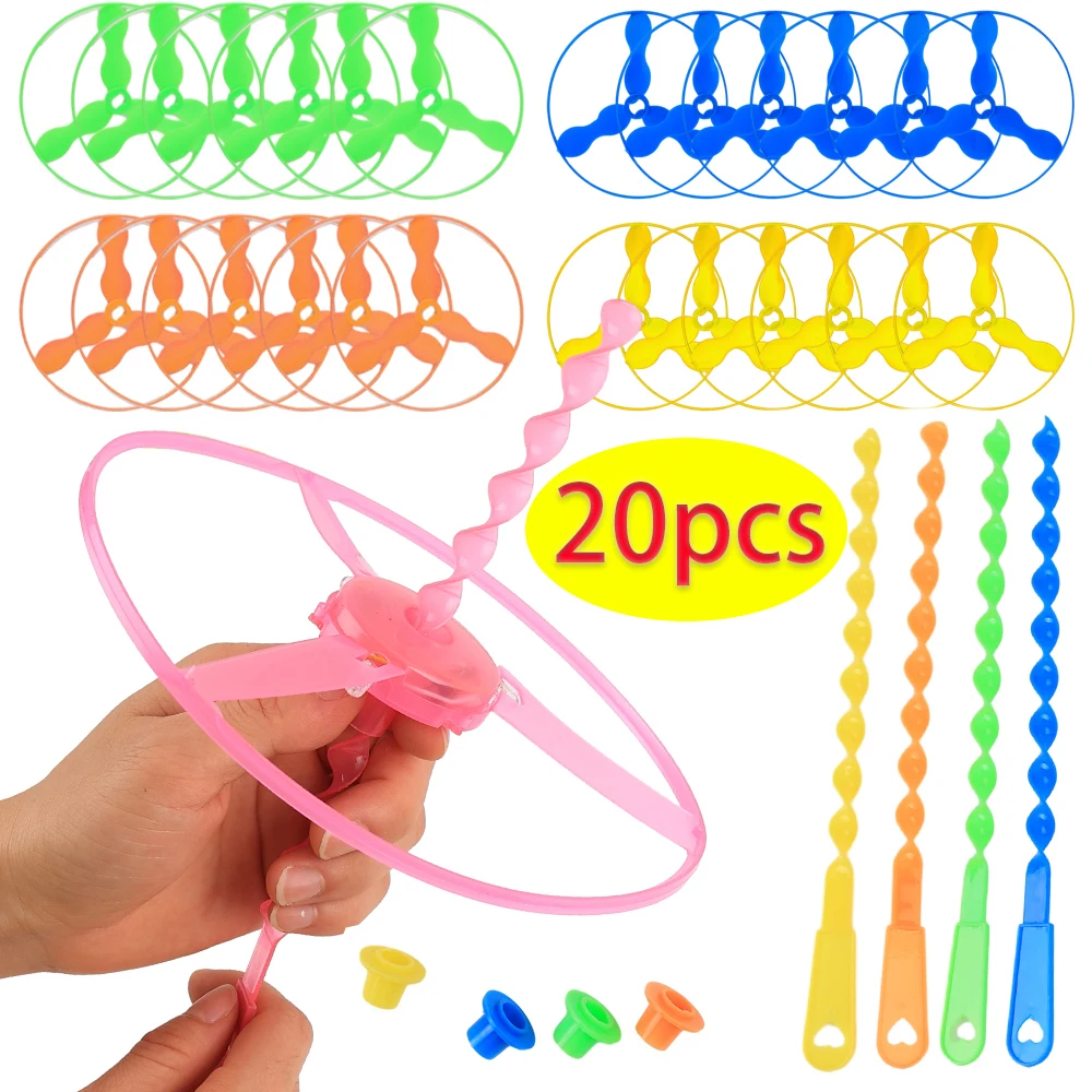 20pcs Flying Helicopter Hand Rotating Circle Bamboo Dragonfly Hand Friction Plastic Propeller Outdoor Flying Toy Children\'s Gift