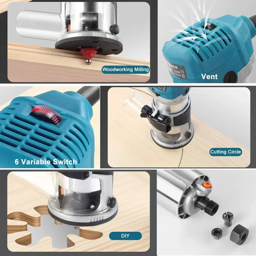 Recortadora eléctrica de madera, fresadora manual de 2000W, 220V, 40000RPM, herramientas de bricolaje para el hogar