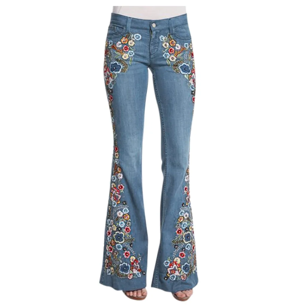 Women Embroidery Destoryed Flare Jeans Y2k Button Waist Bell Bottom Denim Pants Vintage Embroidery Sweatpants Ropa De Mujer