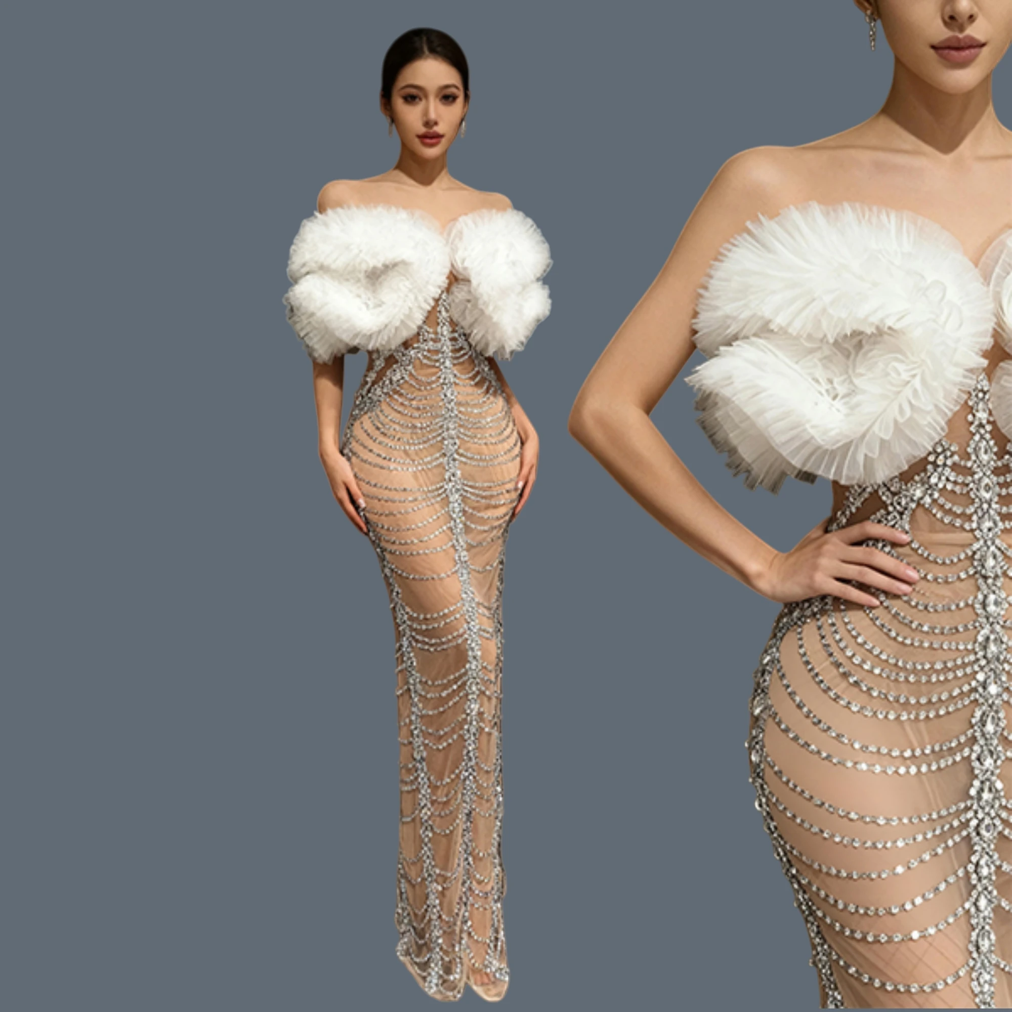 

High-end Elegant White Shawl Silver Sparkly Rhinestone Evening Gown Sexy Women Prom Strapless Long Dresses Party Outfit Mianhua