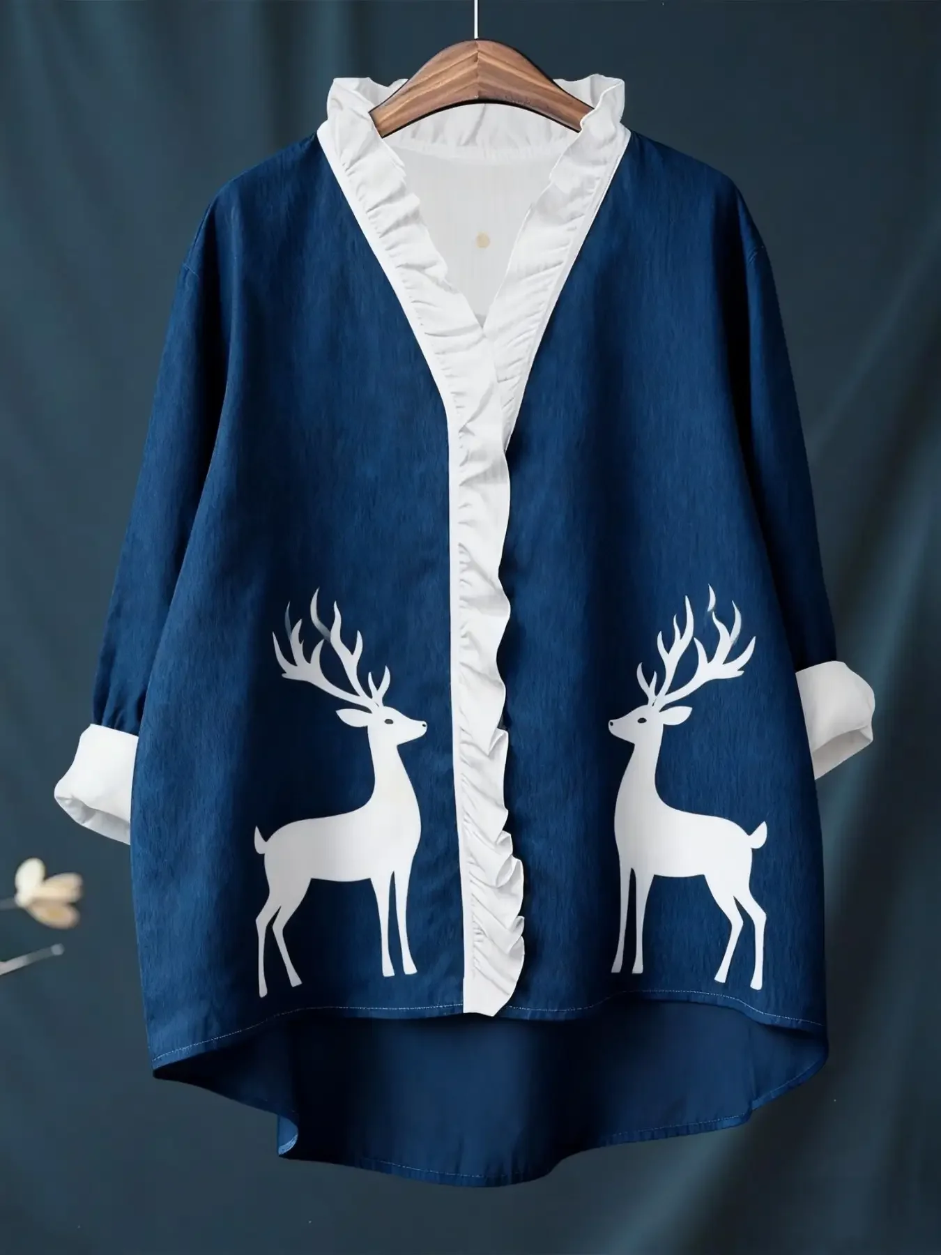 New women's Christmas digital printed long sleeved shirt ,Lotus leaf edge full body abstract color blocked shirt jacket