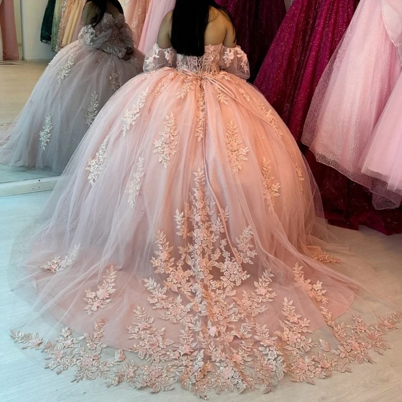 Light Pink Shiny Ball Gown Quinceanera Dresses Applique Lace Beads Tull Birthday Party Dress Sweet 16 Vestidos De 15 Anos