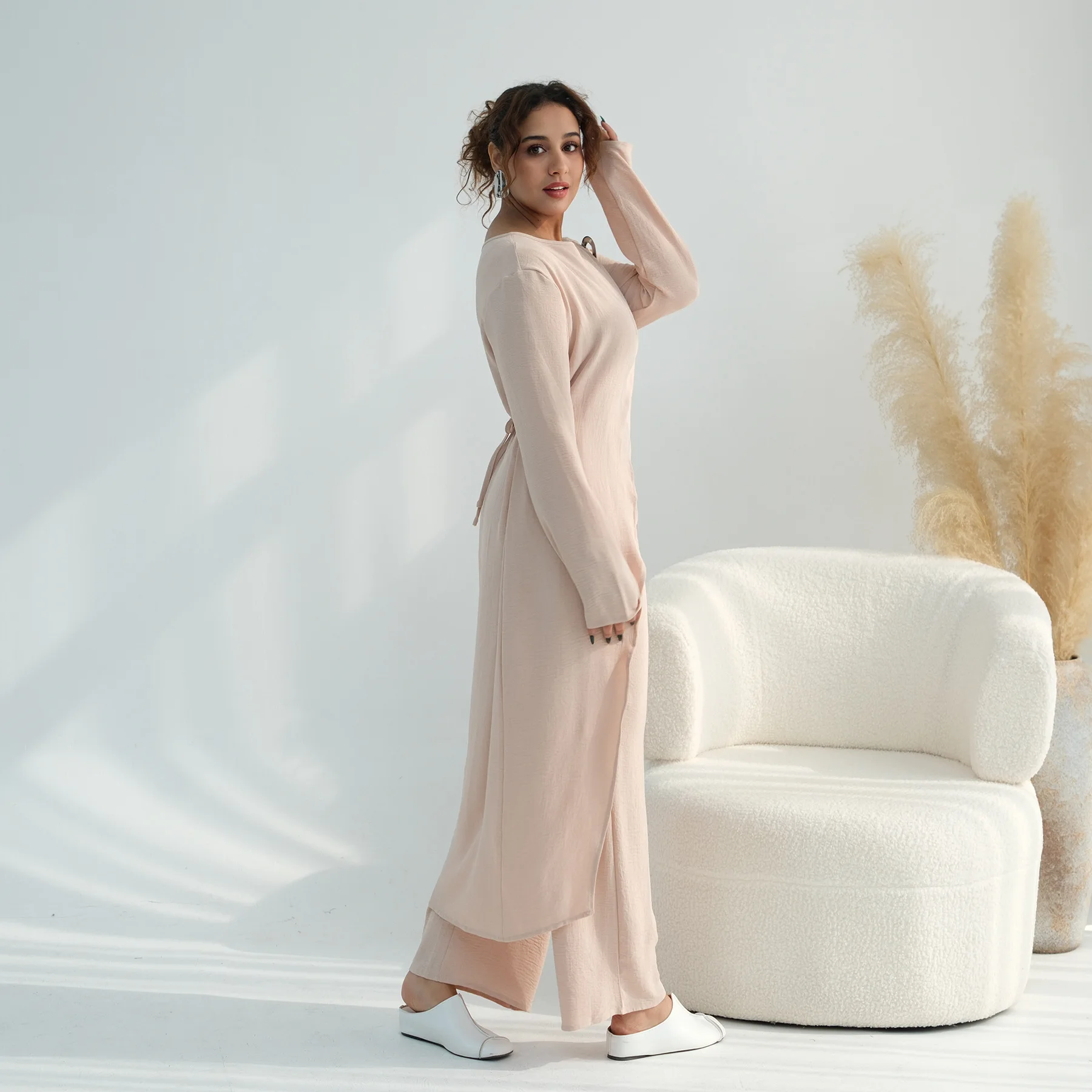 

Дубайский мусульманский комплект из 2 предметов для женщин: длинное платье-рубашка с широкими брюками, арабский халат для Рамадана, марокканский кафтан, мусульманские наряды