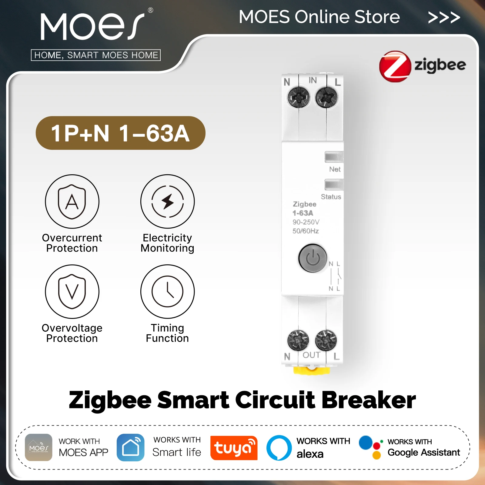 MOES Tuya Zigbee Smart Circuit Breaker 63A Alarm Threshold Set Electricity Monitor V0 Fireproof Retardant APP Control With Alexa
