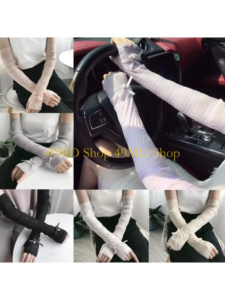 49MD Elegant Long Gloves with Pearl Decor Bridal Elbow Lengths Lace Delicate Gloves