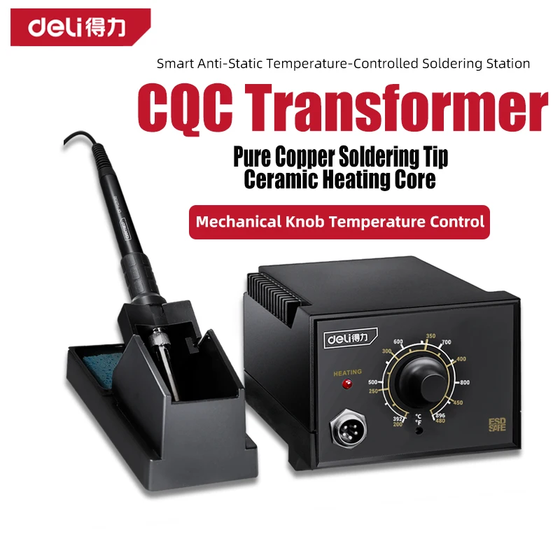 

DELI 60W Soldering Iron Station Soldering Tips Welding Rework Station Temperature Adjustable Control CQC Transformer