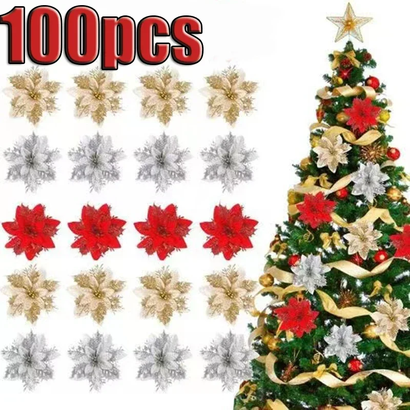 

100PC Glitter Pink Christmas Flowers Xmas Tree 14cm Artifical Flower Ornaments 2024 Merry Christmas Decoration For Home New Year