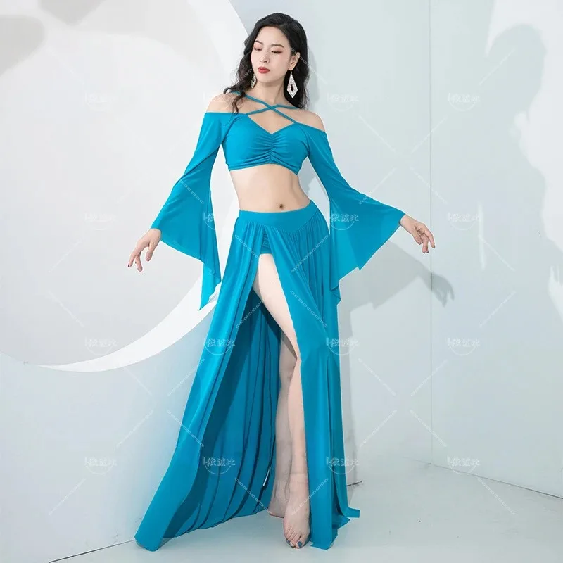 

Belly Dance Costume Set for Women Mesh Long Sleeves Top+long Skirt 2pcs Training Suit Oriental Group Training Belly Dancing Wear