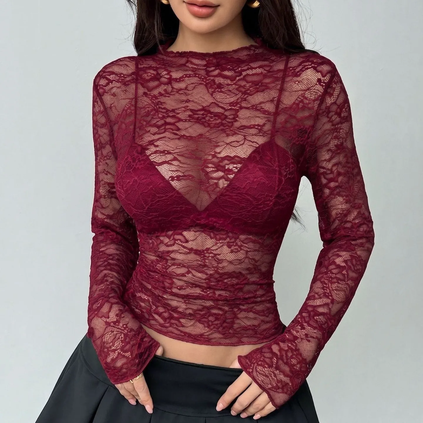 Fashion Women's High Neck Long Sleeve Lace Sheer Cropped Top Soft Comfortable Versatile Trendy Casual Commute Daily Wear Blouse