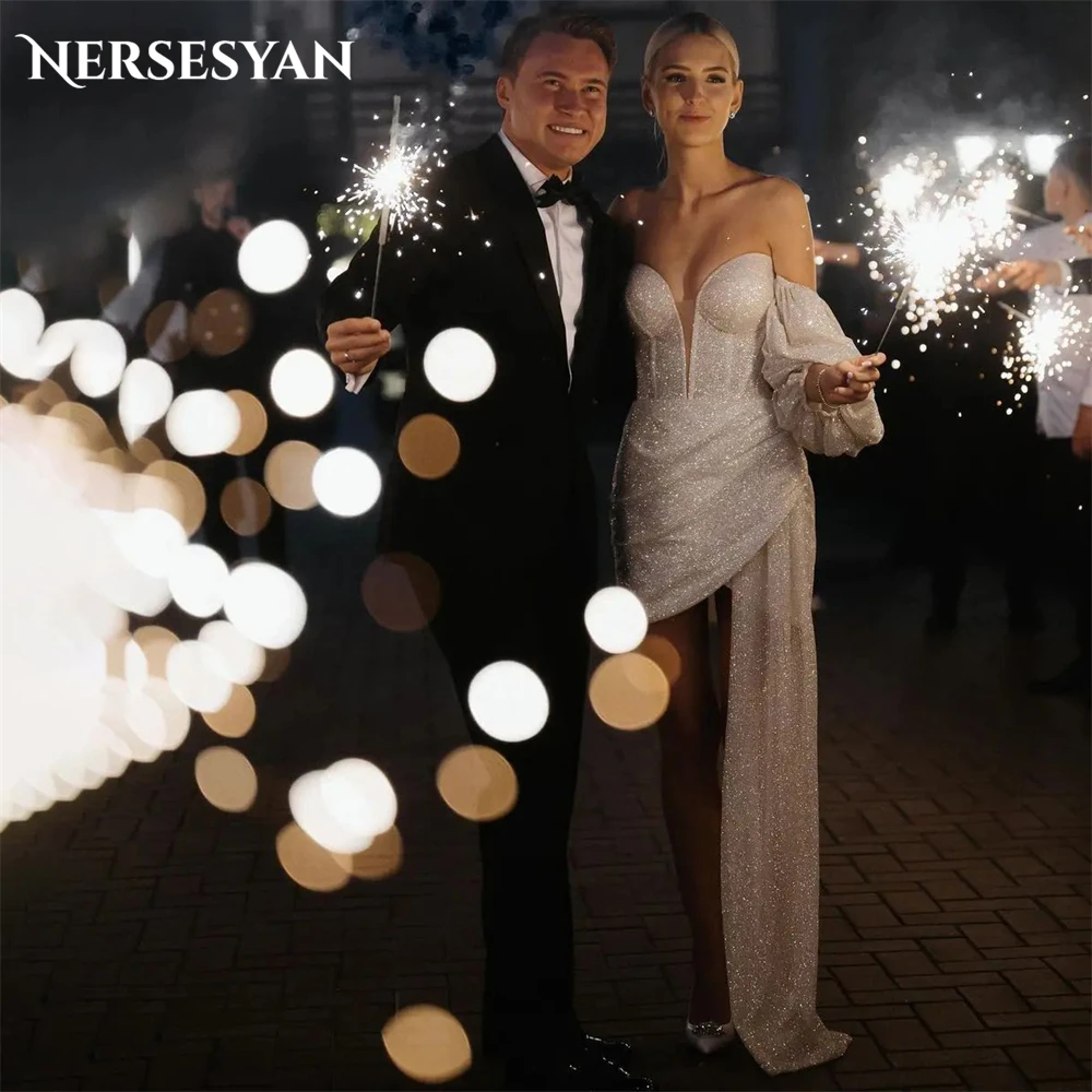 Nersesyan Luxury Glitter Wedding Dresses Mini Off Shoulder Shiny Puff Sleeves Pleats Bridal Gowns Backless Sparkly Bride Dress