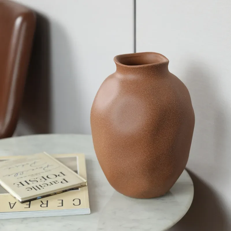 Retro Matte Large Ceramic Vase Modern Simple Living Room Entrance Flower Arrangement Abstract Art Ornament Home Decor
