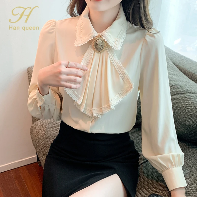 H Han Queen 2022 Spring Basic Shirt Women Blouses Vintage Work Casual Tops Chiffon Blouse Korean Design Long Sleeve Loose Shirts