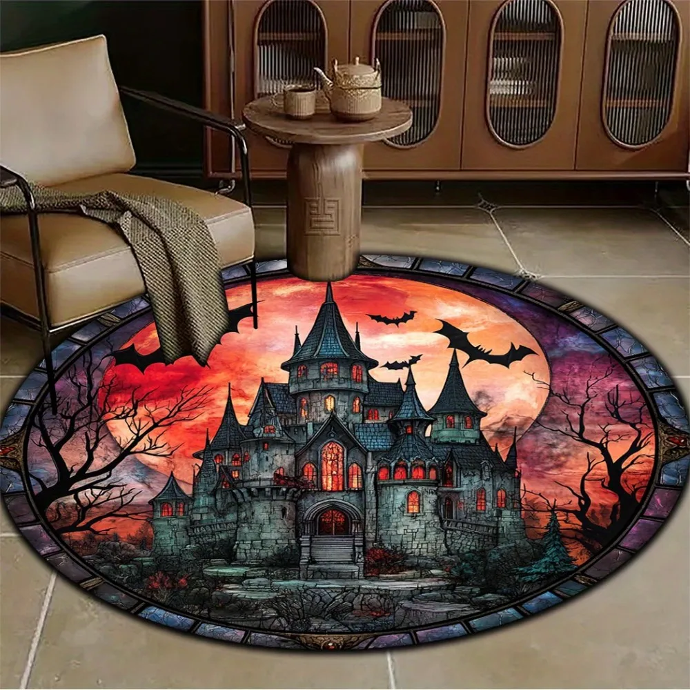 Halloween Round Rug Living Room Carpet Pumpkin Autumn Maple Leaf Floor Mat Orange