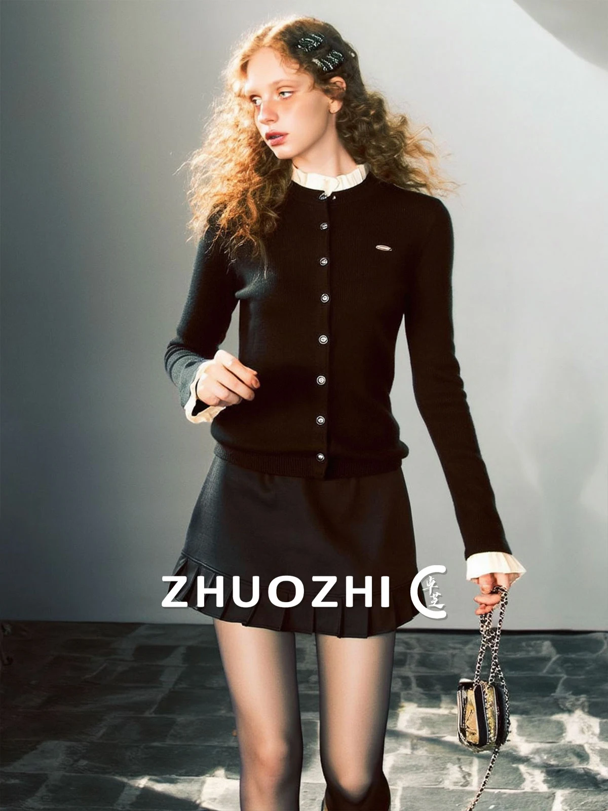 

ZhuoZhi Court Sle Knitted Cardigan Women's Slim Fit Long Sve Stand Collar Spring New Arrival Faion Ele Wooden