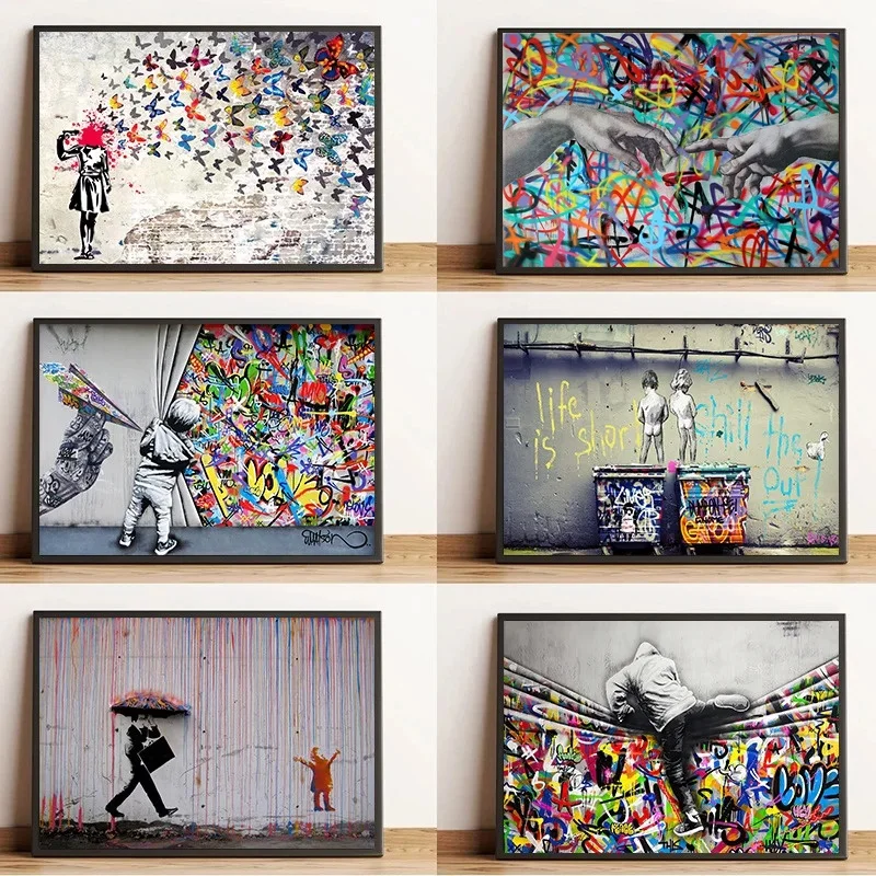 

The Boy Behind The Curtains Poster and Prints Graffiti Banksy Street Art Funny Monkey Canvas Painting Print Wall Art Home Decor