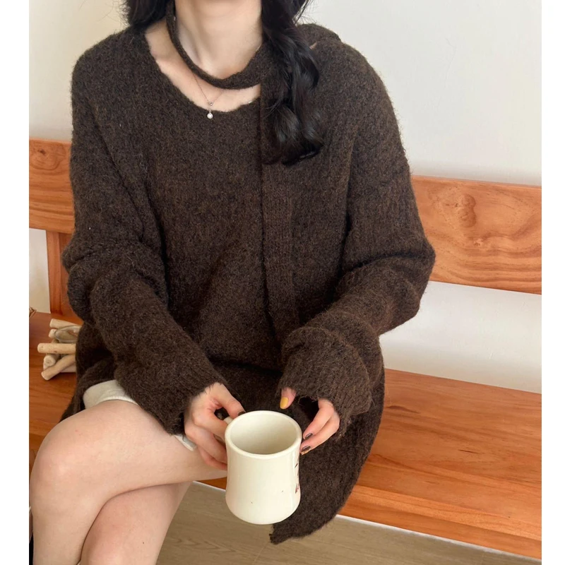 

V Neck Loose Pullover Casual Women Sweater Chic Hanging Neck Korean Ribbon Solid Color Knit Top Autumn Winter Medium Sweater New