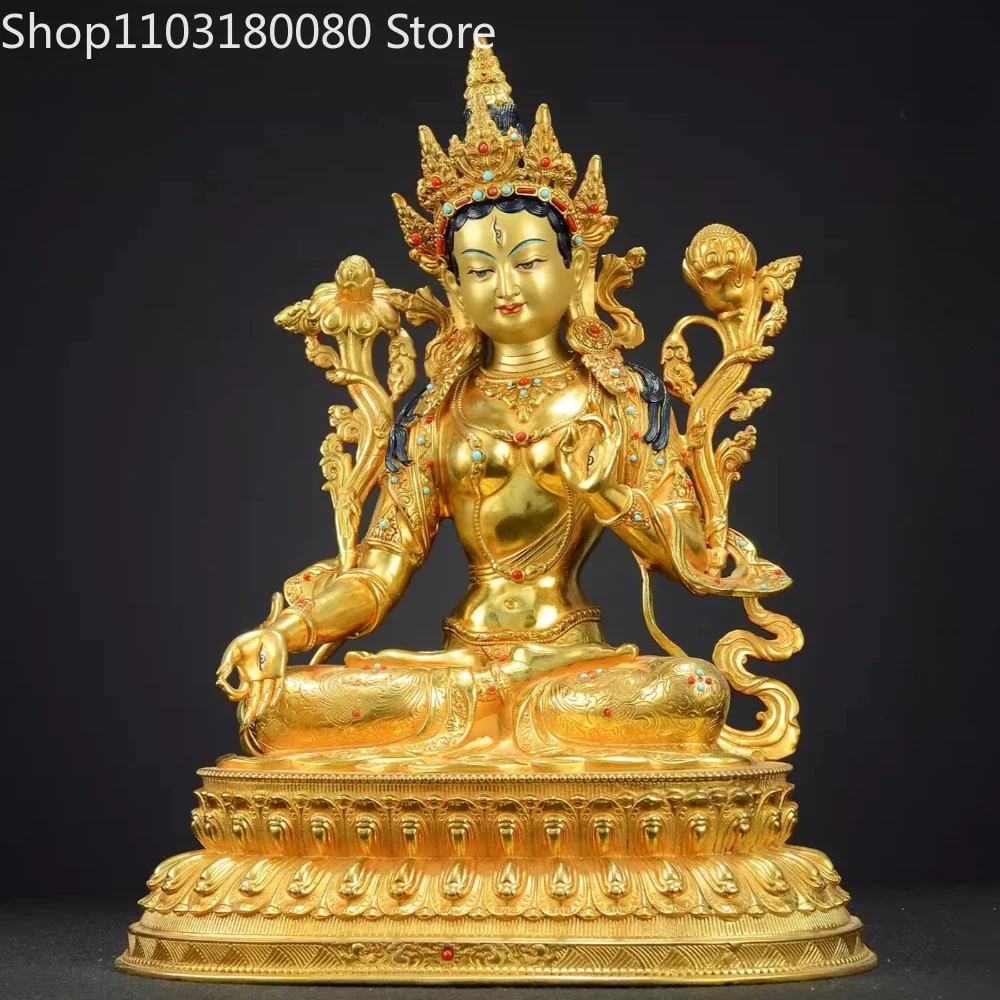 Brass Green Tara Statue Gilt White Tara Tibetan Buddhist Goddess Sculpture Buddhist Deity Temple Home Altar Decor,44cm,30cm