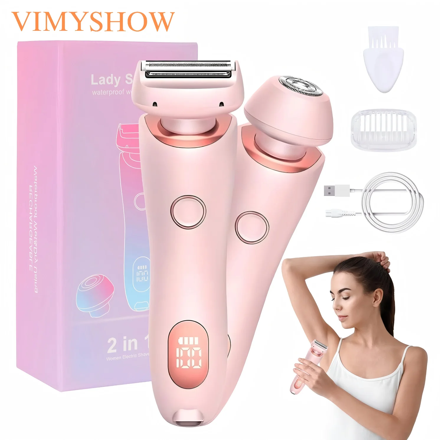 2 in 1 Women Electric Shaver Dual Head Bikini Trimmer Painless Body Hair Razor and Facial Hair Remover for Underarm Leg Face