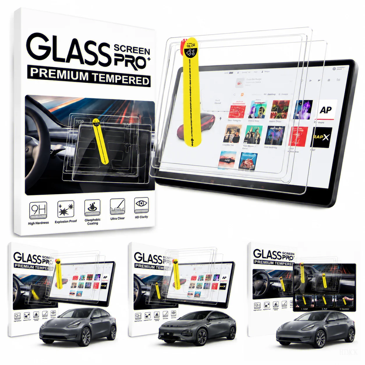 HTMCK Dust-Free Installation Kit, HD Front & Rear Screen Tempered Glass Protector, For Tesla Model 3 Highland & Model Y Juniper