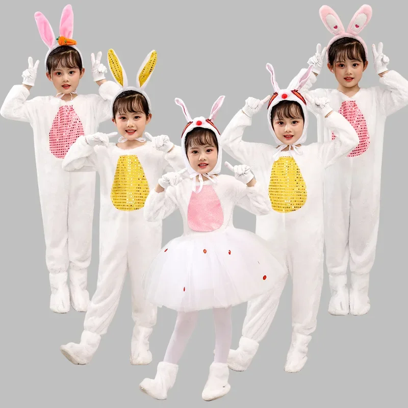 Rabbit Children's Performance Costumes Cute Animal Outfits Set Students Party Dance Clothes Kids Kindergarten's Stage Yarn Skirt