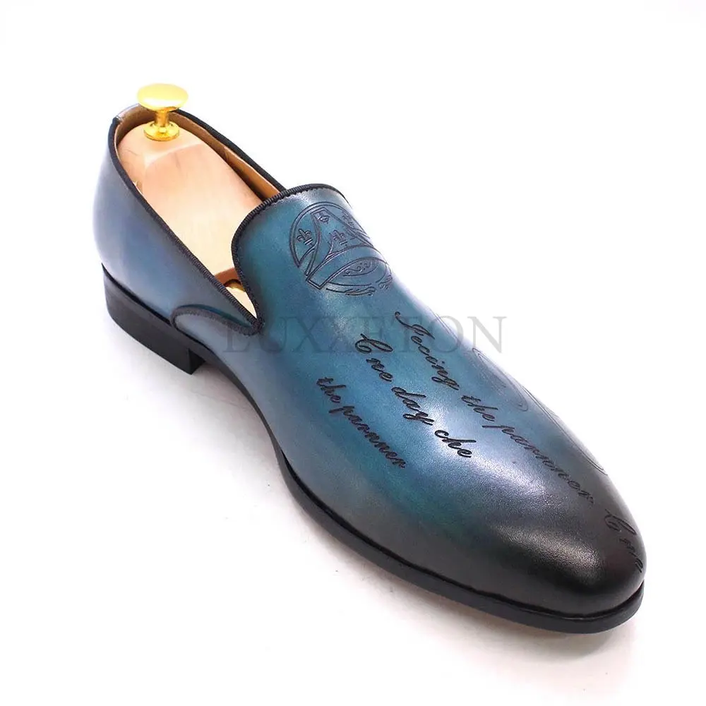 

Italian Style Hand Painted Letter Men Shoes Genuine Cow Leather High Quality Formal Dress Shoes Loafers Business Wedding Shoes