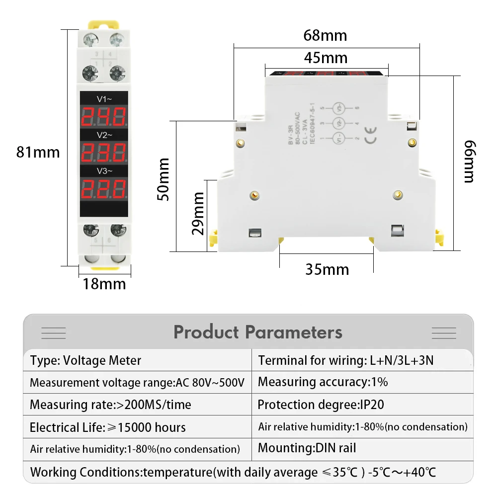 18MM Din Rail Mount Three Phase Voltage Meter AC 80V-500V Mini Modular Voltmeter Gauge Indicator LED Digital Display 220V 380V