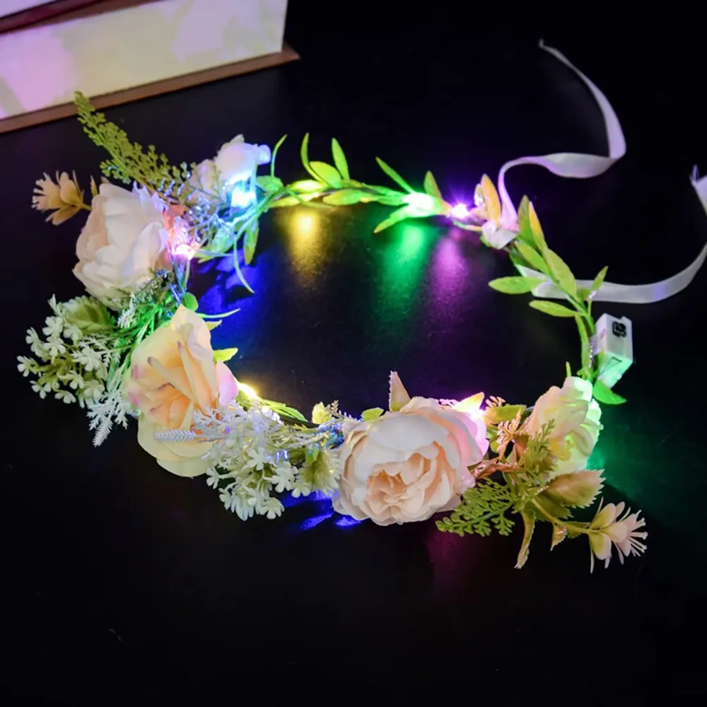 

Exquisite Simulation Rose Flower Flower Crown Hairband Hair Hoop Glowing Wreath Headband Cloth Luminous LED Light Garland Bar