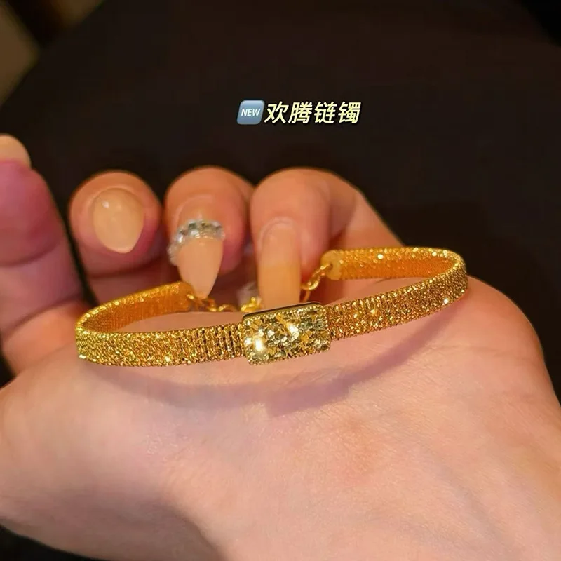 9999 24K Real Gold Women Sparkling Cube Crushed Ice Joy Chain Bracelet Light Luxury High end New Chinese Style Exquisite Hand