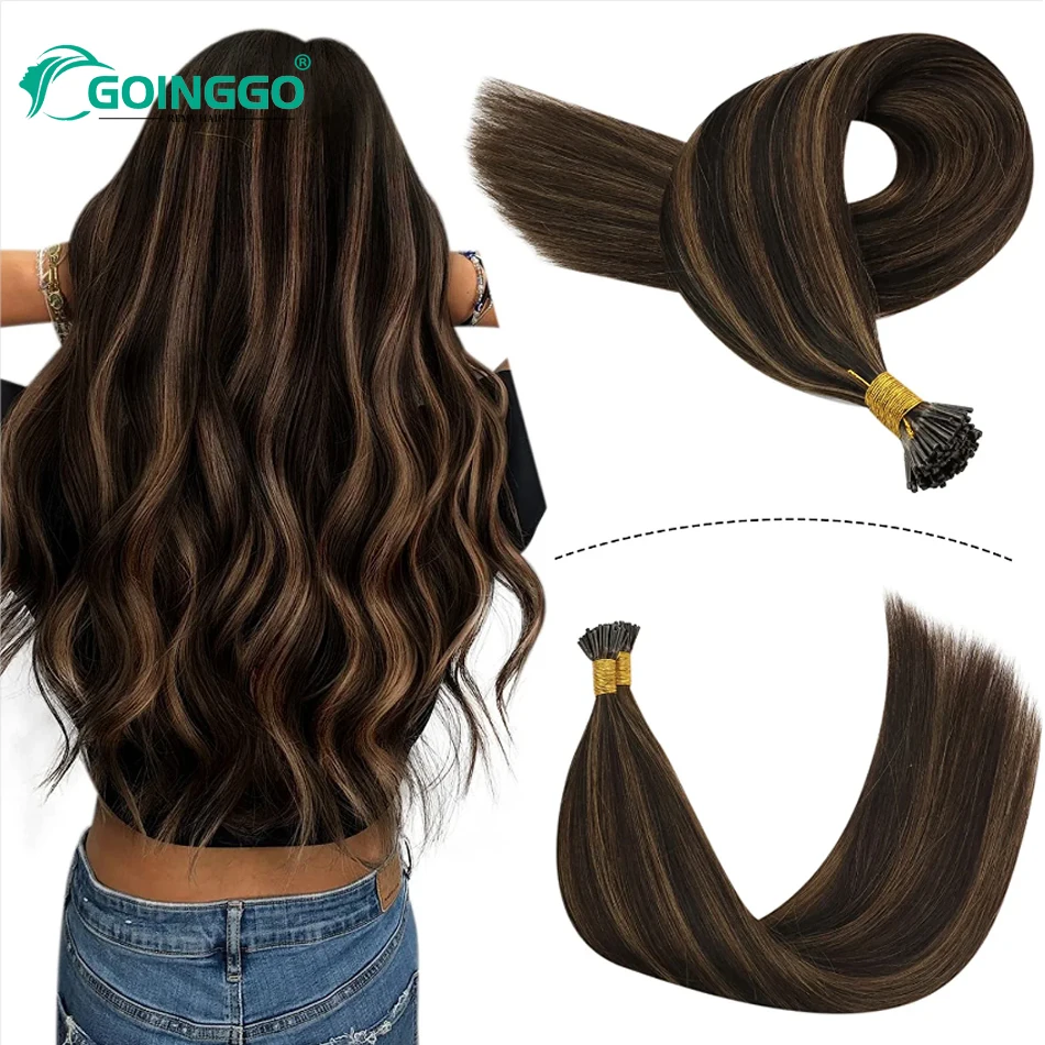 Extensions de cheveux humains droits I-Tip, vrais cheveux naturels, document ombré, balayage brun moyen, 12-26 po, 100 pièces