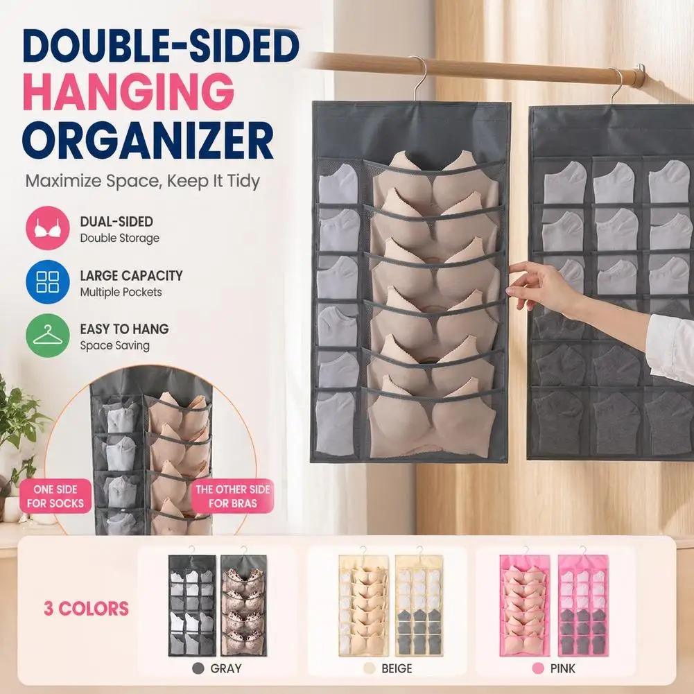 

Double Sides Underwear Storage Hanging Bag Dormitory Home Wardrobe Hanging Wall Foldable Bag Saving Space Tidy Organizer