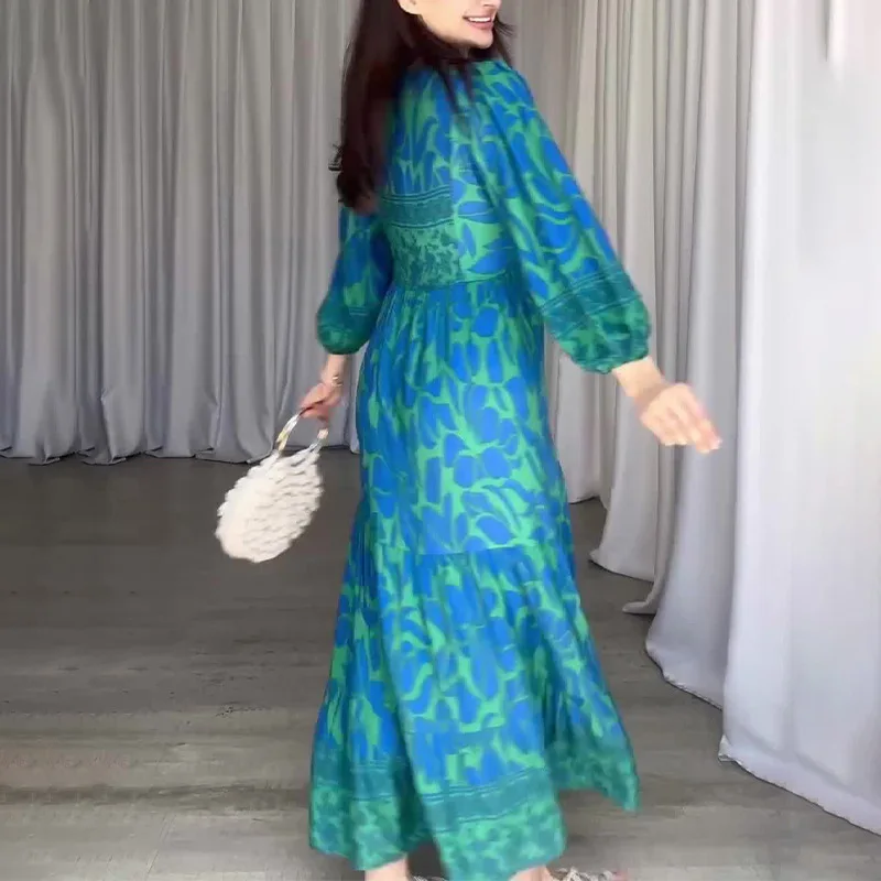 New V Neck Printed High Waisted Dress for Women Plus Size Retro Lantern Sleeve Gown Casual Loose Boho Vacation Long Dresses 2025