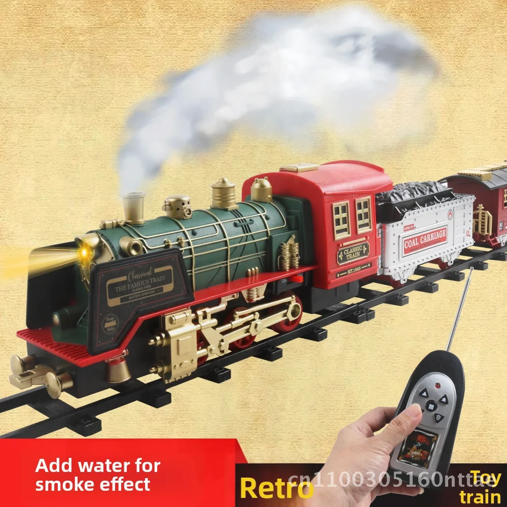 Remote Control Railway Car Toy with Smoke Music And Light for Kids Christmas Charging Small Train Children's Interactive Playset