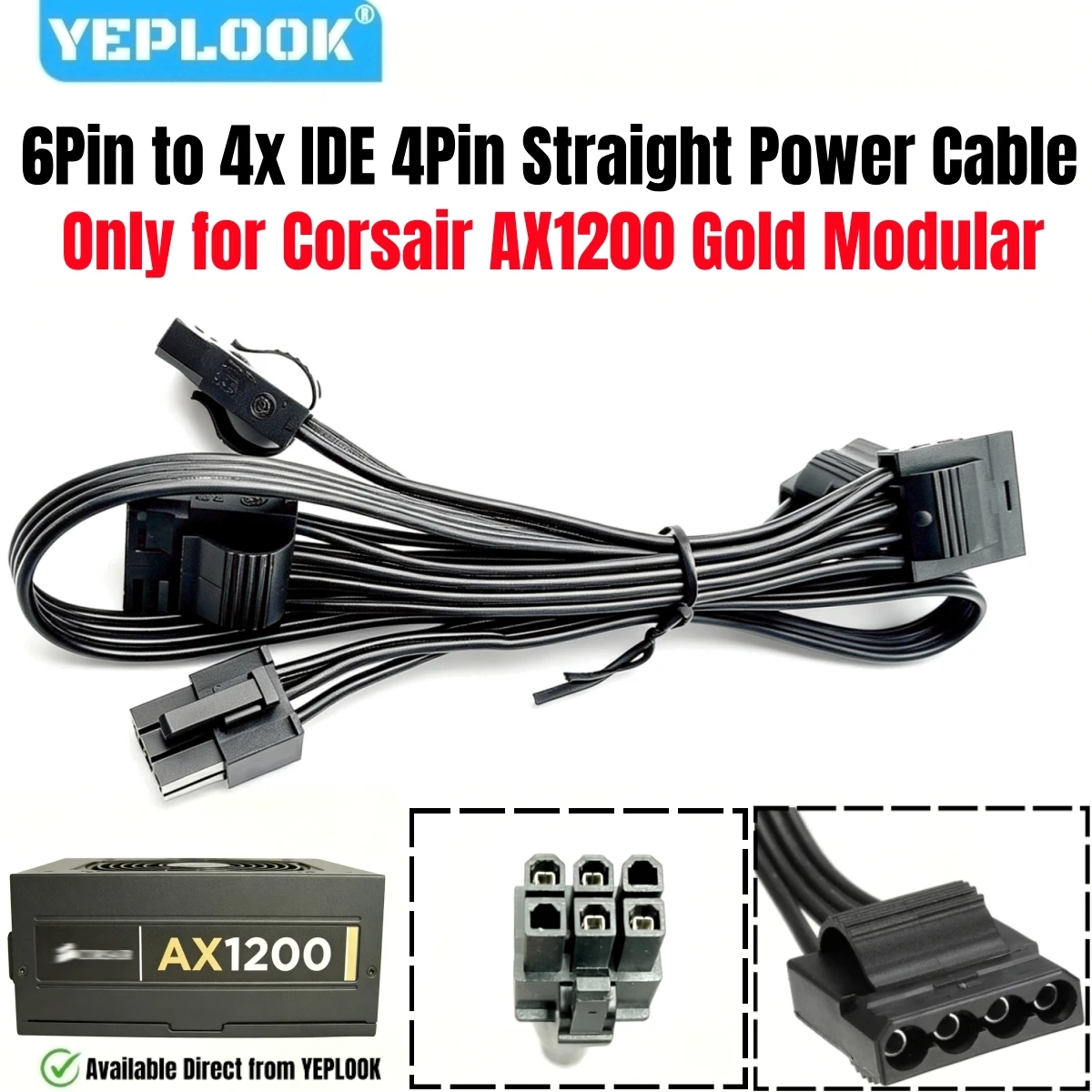Cable de alimentación PERIF de 6 pines a 4x IDE de 4 pines PATA para fuente de alimentación modular Corsair AX1200 de 1200W Gold Professional Series, 50+15+15+15 CM 18AWG