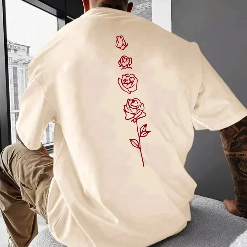 Rose Print Men's T-Shirt 2024 Cotton Casual Short Sleeve Tees Simple Fashion Oversized T-Shirt for Men Summer  Harajuku Man Tops