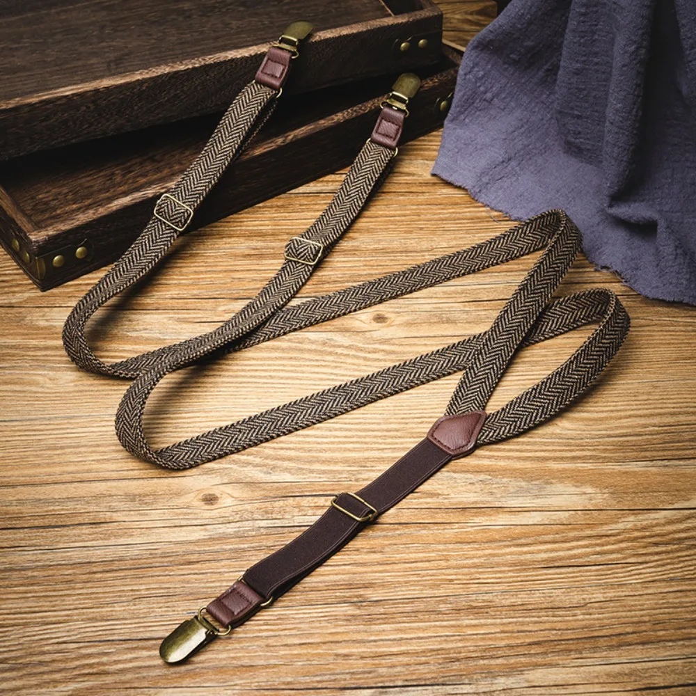 

Retro Design British Style Suspenders Elastic Strap 4 Clips Y-Type Suspenders Unisex Style Brown Color Metal Clip Suspenders