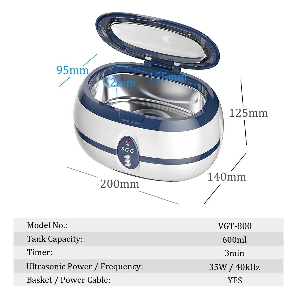 GTSONIC 600ml Household Digital Ultrasonic Cleaner 60W Stainless Steel Bath 220V EU Plug Ultrasound Washing for Watches Jewelry