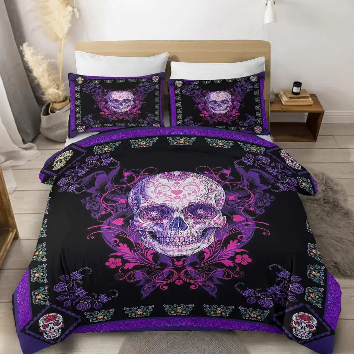 3D Skull Purple Floral Bedding Set,Halloween Decor Black Skull Duvet Cover Set,Skull Botanical Vines Comforter Cover Full Queen