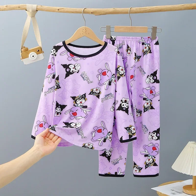 2pcs Kuromi 2 Long Sleeved Pants Pajamas Set Anime Figures Sanrio Children Nightwear Kawaii Kids Clothes Sleepwear Birthday Gift