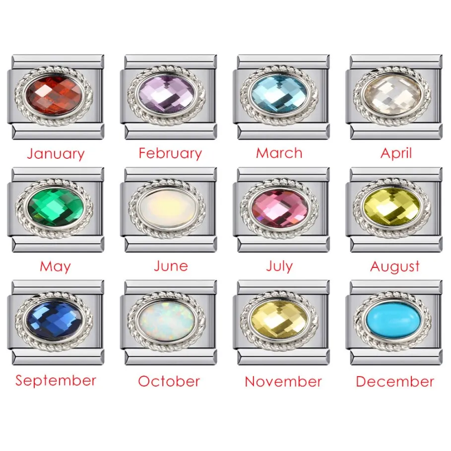 Fashion Colorful Zirconia Elliptic 12 Birthstone Italian Charm Links Fit 9mm Bracelet Stainless Steel Jewelry DIY Making