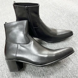 6cm Heel Designer Classical Slim Fit Wedge Men Pionted Toe Dress Gentle Chelsea Genuine Leather Boots