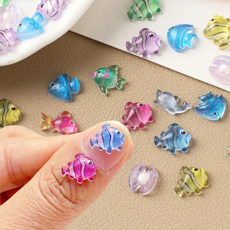 30/100pcs Resin Cute Mini Colored Crystal Fish, Shells, Dolphin Nail Art Charms Flat Back Summer DIY Nail Decorations Suppies