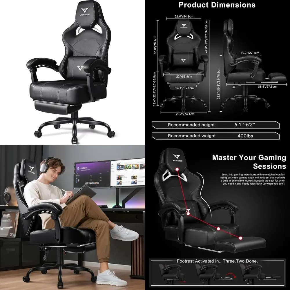 Silla ergonómica para juegos para adultos con reposacabezas de gran tamaño, diseño grande y alto, capacidad de 400 lb, reposapiés incluido, V cómodo